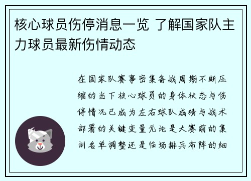 核心球员伤停消息一览 了解国家队主力球员最新伤情动态