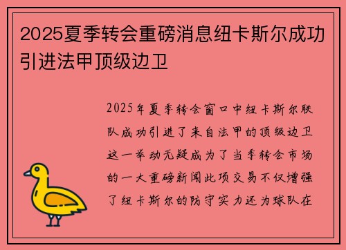 2025夏季转会重磅消息纽卡斯尔成功引进法甲顶级边卫